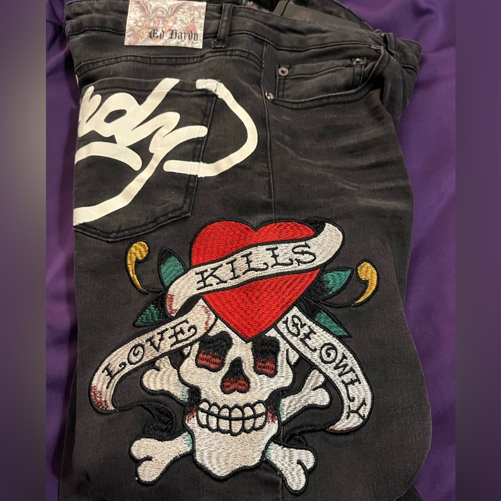 NWT ED HARDY Women's Love Kills Slowly Black Denim Jeans 30 Wide Leg Embroidered - Picture 2 of 4